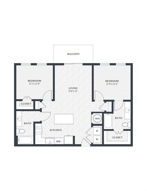 Floor plan for 2 beds, 2 baths, 971 sqft